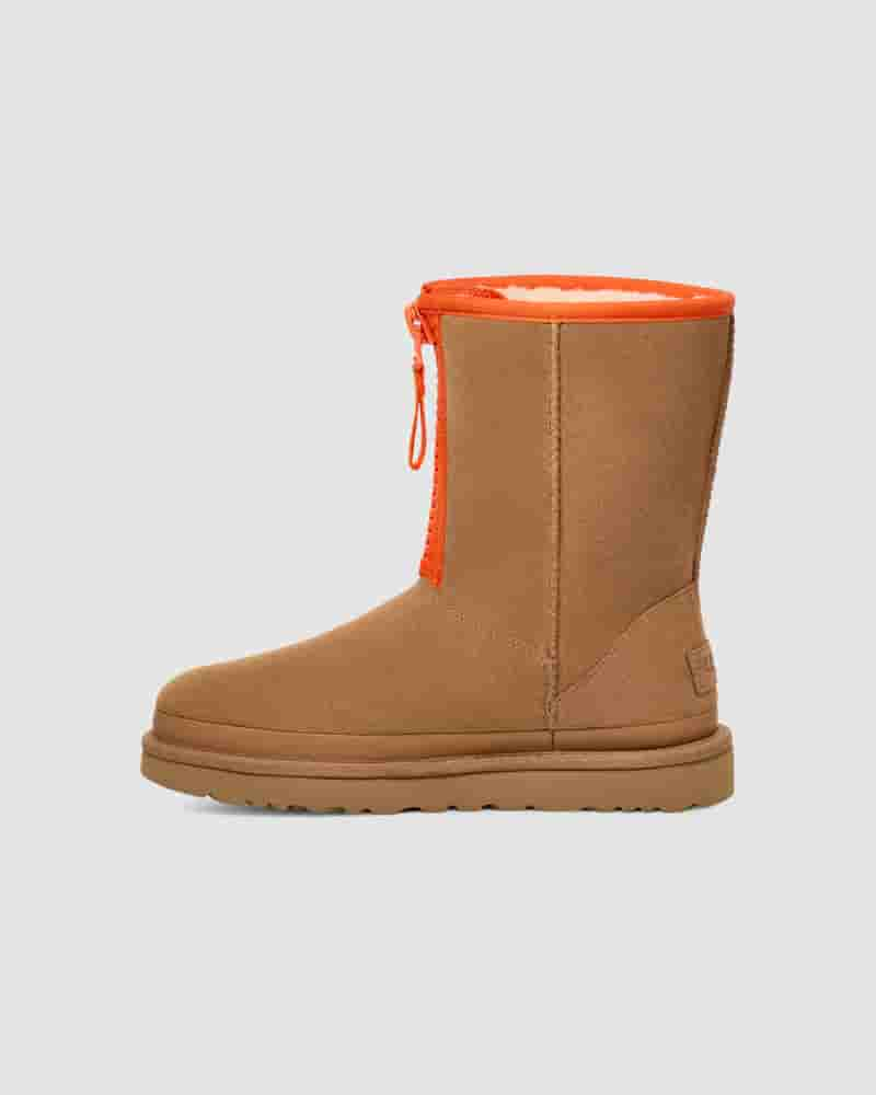 Kozaki UGG Classic Short Zipper Tape Logo Damskie Brązowe | PLV8714R