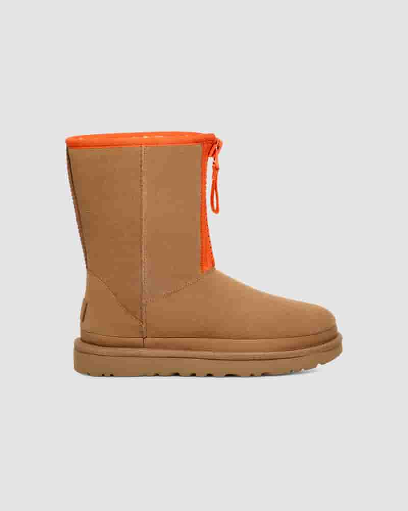 Kozaki UGG Classic Short Zipper Tape Logo Damskie Brązowe | PLV8714R